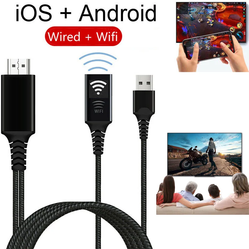 2in1 Wireless WiFi Mirroring Cable Cast Phone to HDMI TV Converter HDTV