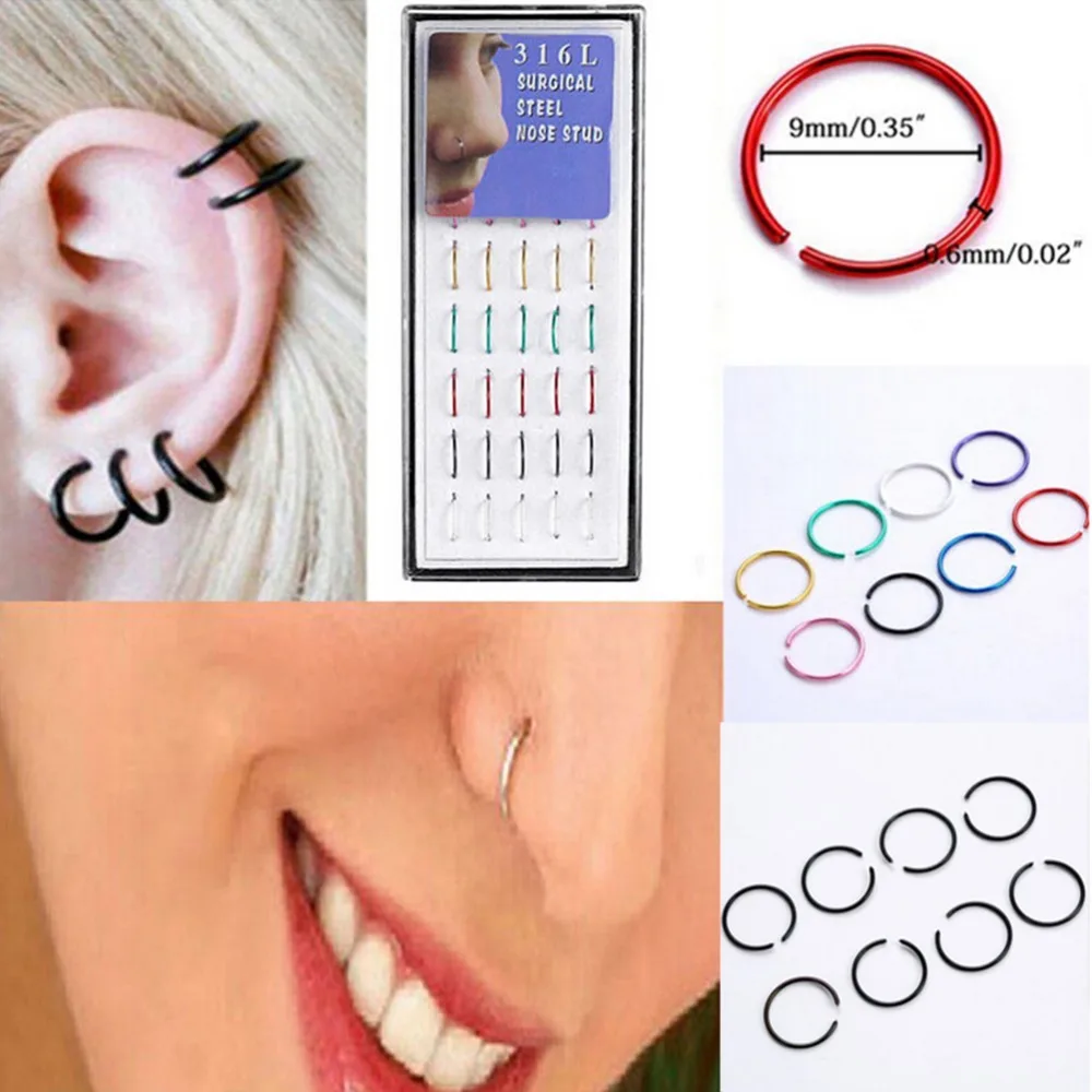 

40pcs/1Box Fake Piercing Bijoux Medical Nostril Titanium Nose Hoop Nose Rings Clip On Nose Ring For Women Body Jewelry