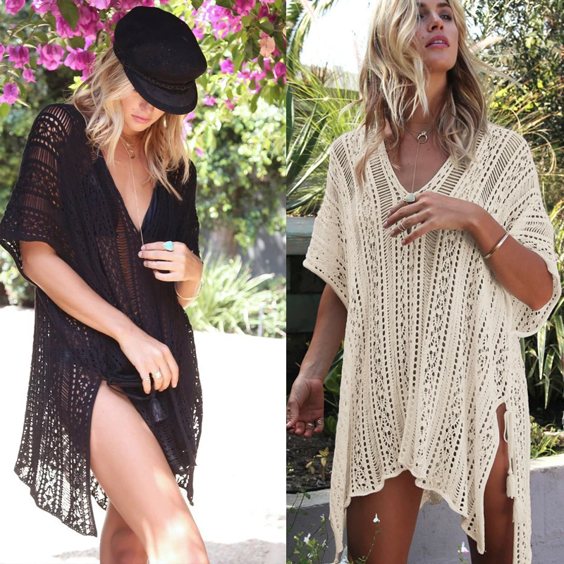 

Knitted Pareo Beach 2018 Bathing suit Cover-Ups Hollow Sexy Swimsuit Beach Tunic Plage Beachwear beach tunics