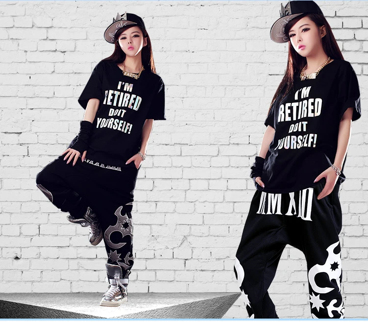 Джазовый танцевальный костюм футболка женский костюм Взрослый хип-хоп платье корейский Свободный