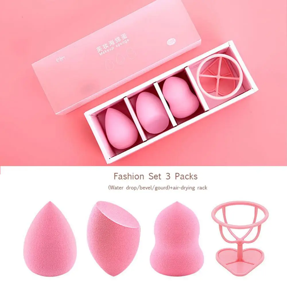 

3+1 Makeup Sponge Puff Set 3 Shape Wet and Dry Soft Q-bullet Cosmetic Puff with 1 Drying Bracket Sponge Make Up Tool