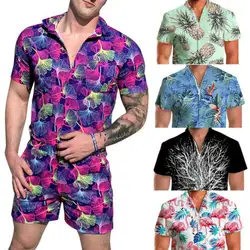 Великобритания Мужская Гавайская сиамская мужская одежда Цельный с рисунком комбинезон на молнии повседневные короткие штаны на молнии