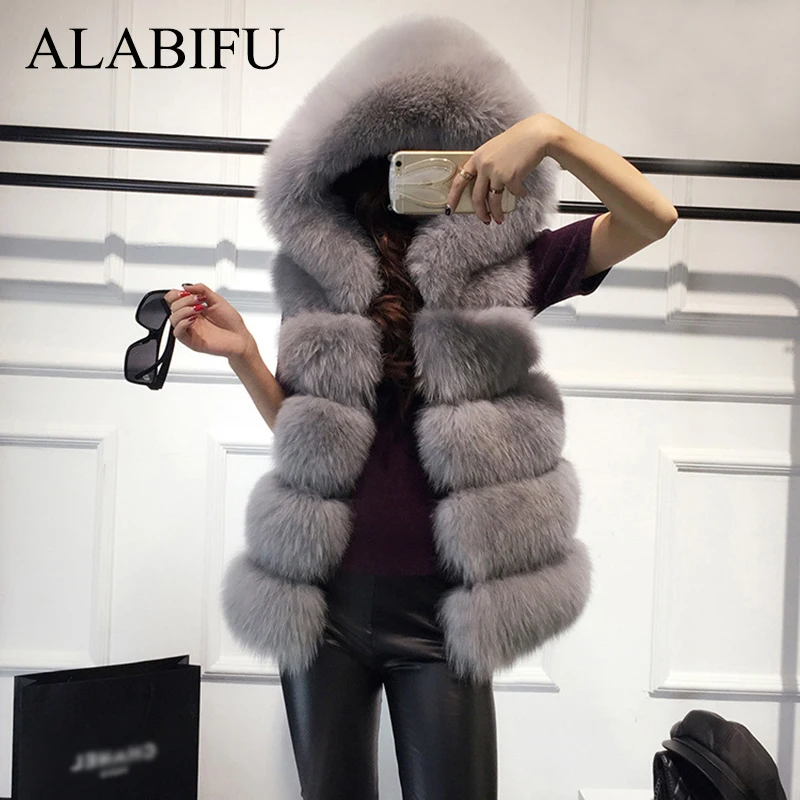 

ALABIFU Faux Fur Coat Women 2019 Casual Hoodies Warm Slim Sleeveless Faux Fox Fur Vest Winter Jacket Coat Women casaco feminino