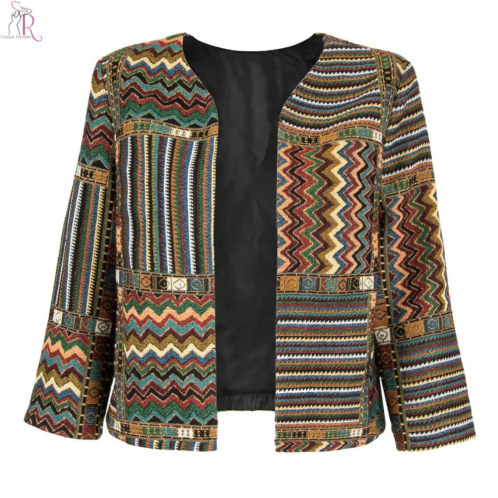 Goede Geel Slim Geometrische Folk Tribal Gestreepte Jasje Uitloper Open Voorzijde Driekwart Mouw Casual 2017 Vrouwen Herfst