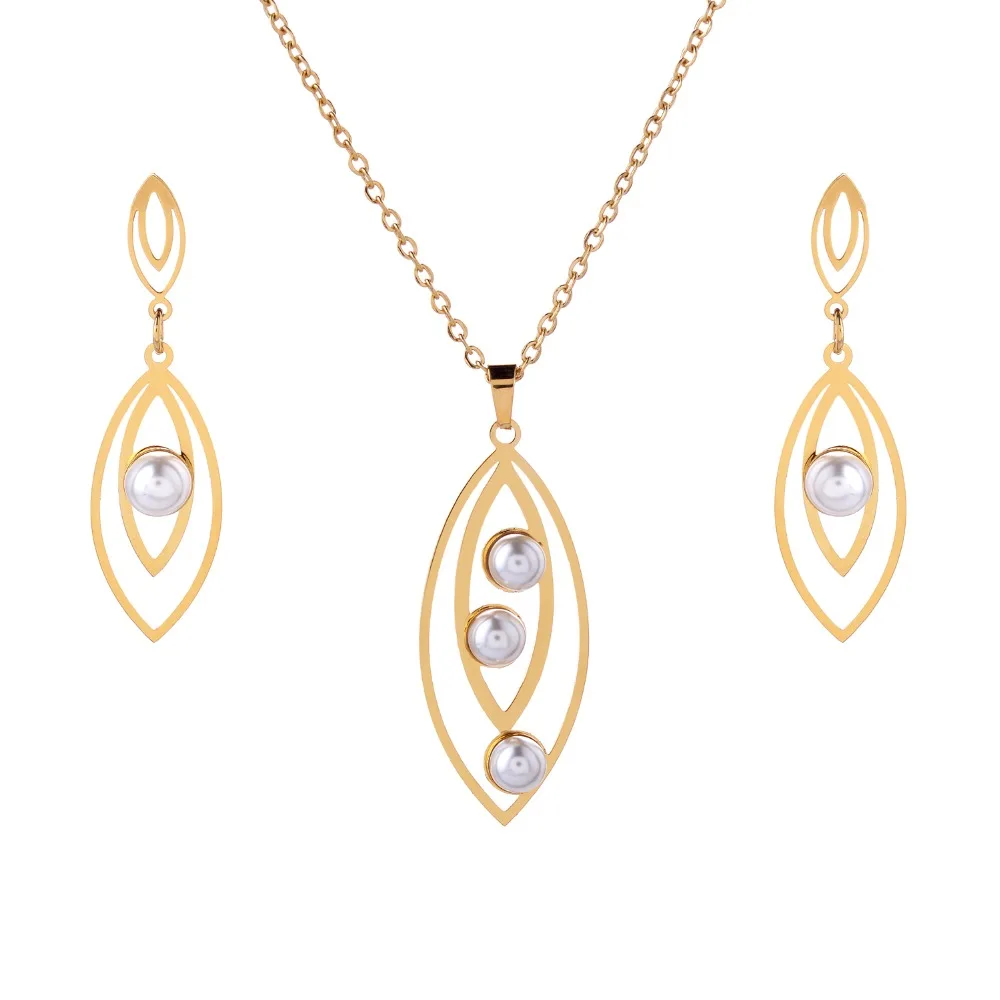 

New Arrival Stainless Steel Earrings Pendant Necklace Set Gold Color Women Pearl Jewelry Set High Quality Free Chain