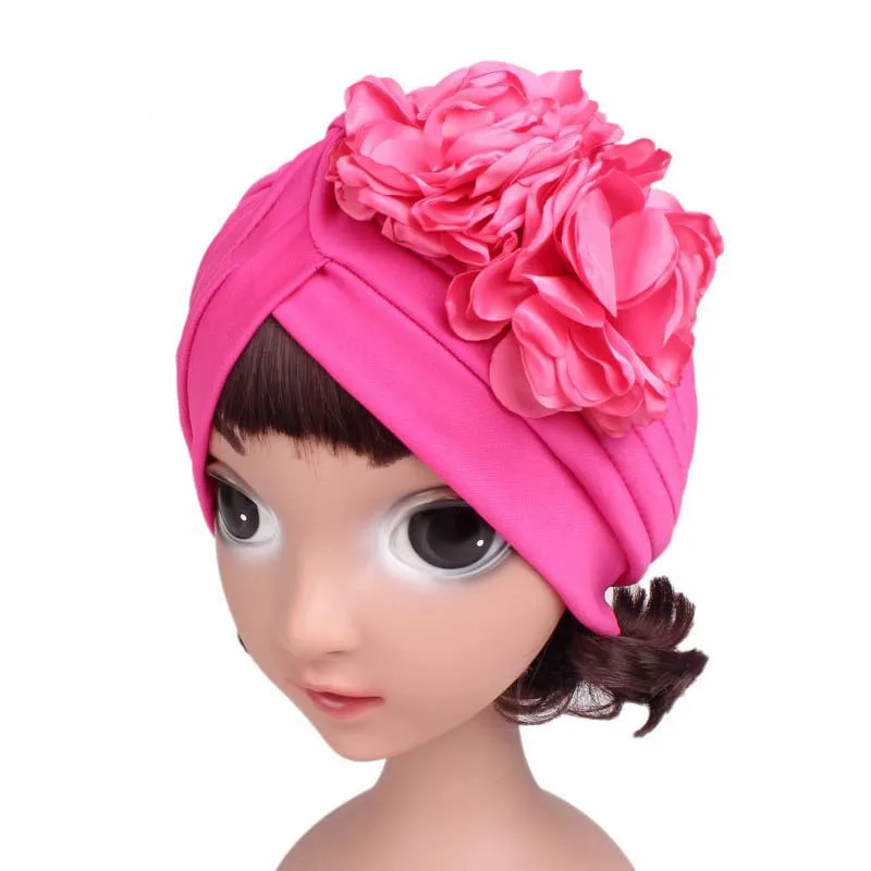 Новая индийская однотонная Детская шапка-тюрбан с большим цветком для девочек, Шапка-бини, заглушка на шляпку, повязка на голову, банданы, аксессуары для защиты от выпадения волос