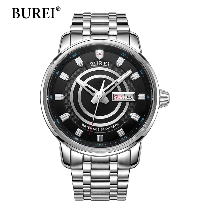 BUREI Men Mechanical Watch Calendar Automatic Silver Stainless Steel Fashion Casual Male Luminous Clock Waterproof Wristwatches