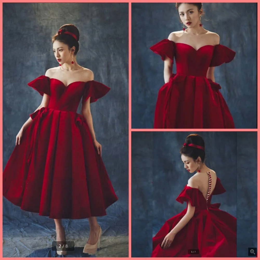 Robe de soiree/Новое ТРАПЕЦИЕВИДНОЕ платье длиной до чая, бордовое бархатное вечернее платье для выпускного вечера с глубоким вырезом, короткое сексуальное платье для выпускного вечера для маленьких девочек