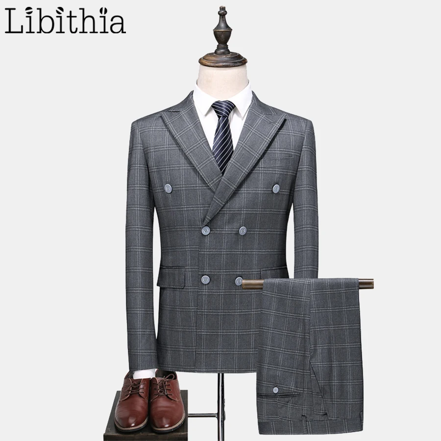 

Men Plaid Suits Thick 3 Piece Suits Double Breasted Blazer Jacket Pant Vest Light Grey S-5XL Autumn Winter Slim Fit Wedding T159