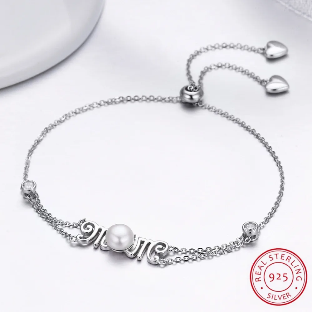 

100% Authentic 925 Sterling Silver Bracelet Stamped Letter Mom with Luxury Elegant Pearl Link Chain for Women Mother Gift
