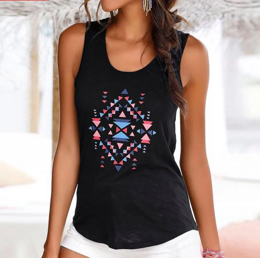 

Womens Bohemian Sleeveless O Neck Printed Slim Fit Tee Shirt Top Blouse