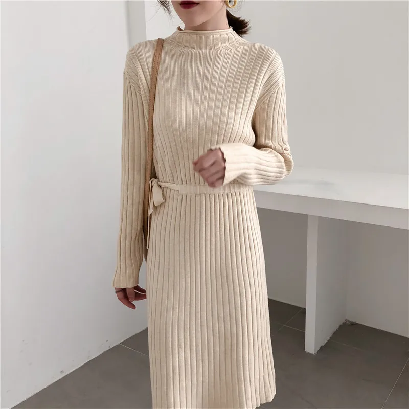 

Autumn Winter Striped O-neck Lace Up Women Sweater Dress 2018 Slim Waist Solid Knitted Pullover Dress Casual Female Vestidos