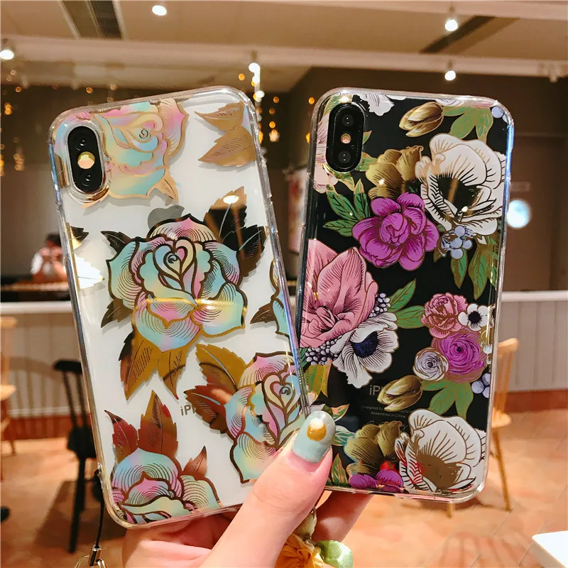 

Flower color Case For iPhone 7 8 Plus XS Max XR Rose garden For iPhone X 8 7 6 6S Plus Soft TPU Cover Send hang rope