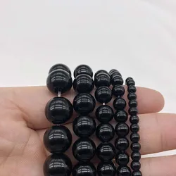 Elegant Smooth Black Agate Natural Stone Beads for DIY Jewelry Crafting - 15 - Inch Round Onyx Loose Beads (Black)