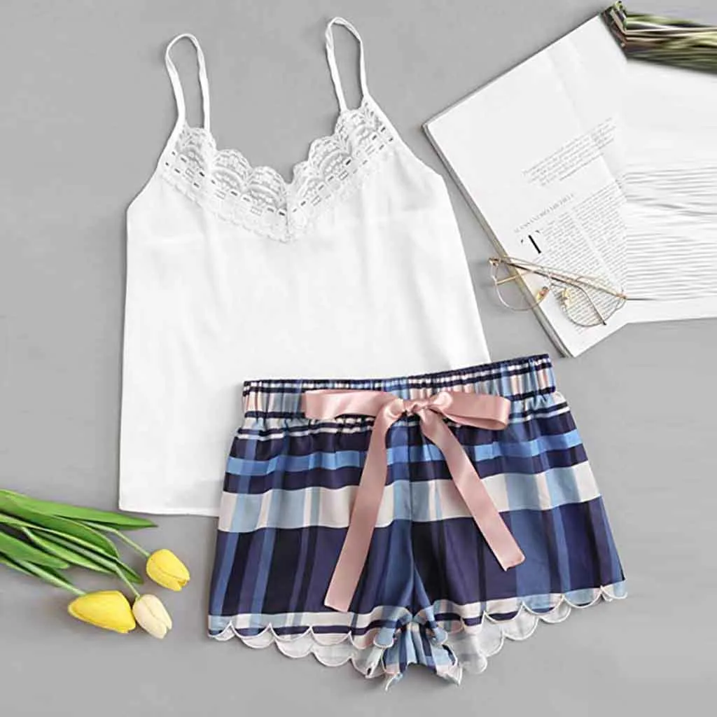 

2pcs Set Women Pajama Sets Sexy Lingerie Nightdress temptation Trim Lace Sling Cami Strap Shorts Lady Silk Satin Sleepwear