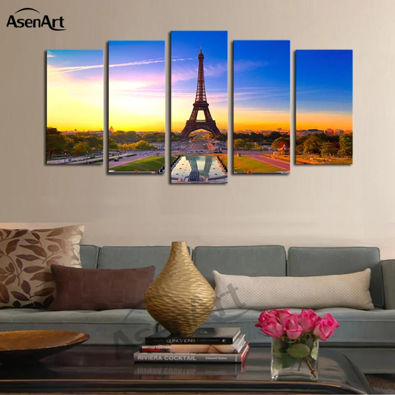 5-panel Canvas Wall Artwork Painting Set Eiffel Tower Pictures Hanging Decor