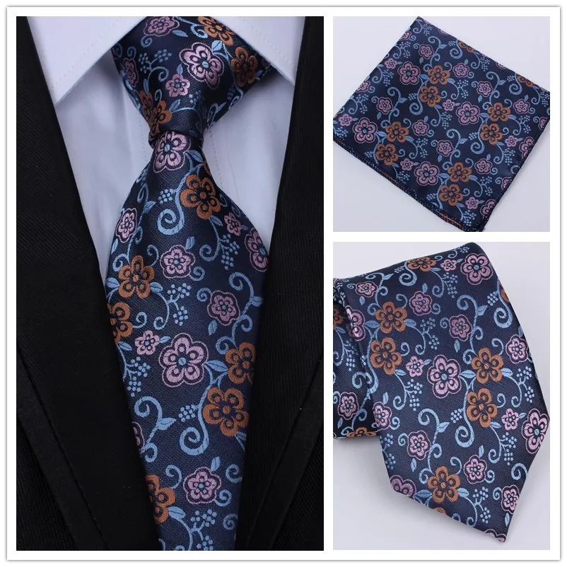 High Quality Necktie Set Paisley Blue Print Floral Silk Mens Tie