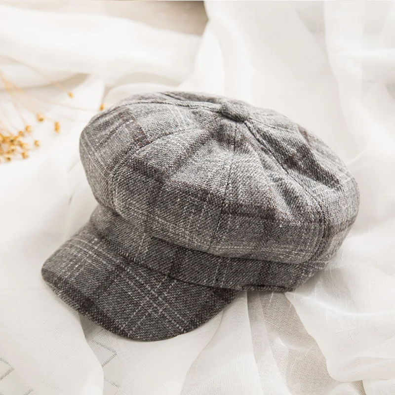 Женская восьмиугольная шляпа осенне-зимняя винтажная хлопоковый берет, повседневные шляпы Newsboy для девочек, Женская клетчатая восьмиугольная кепка