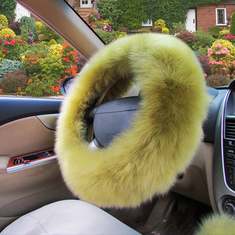 3pcs Set Pink Soft Plush Wool Steering Wheel Cover Furry