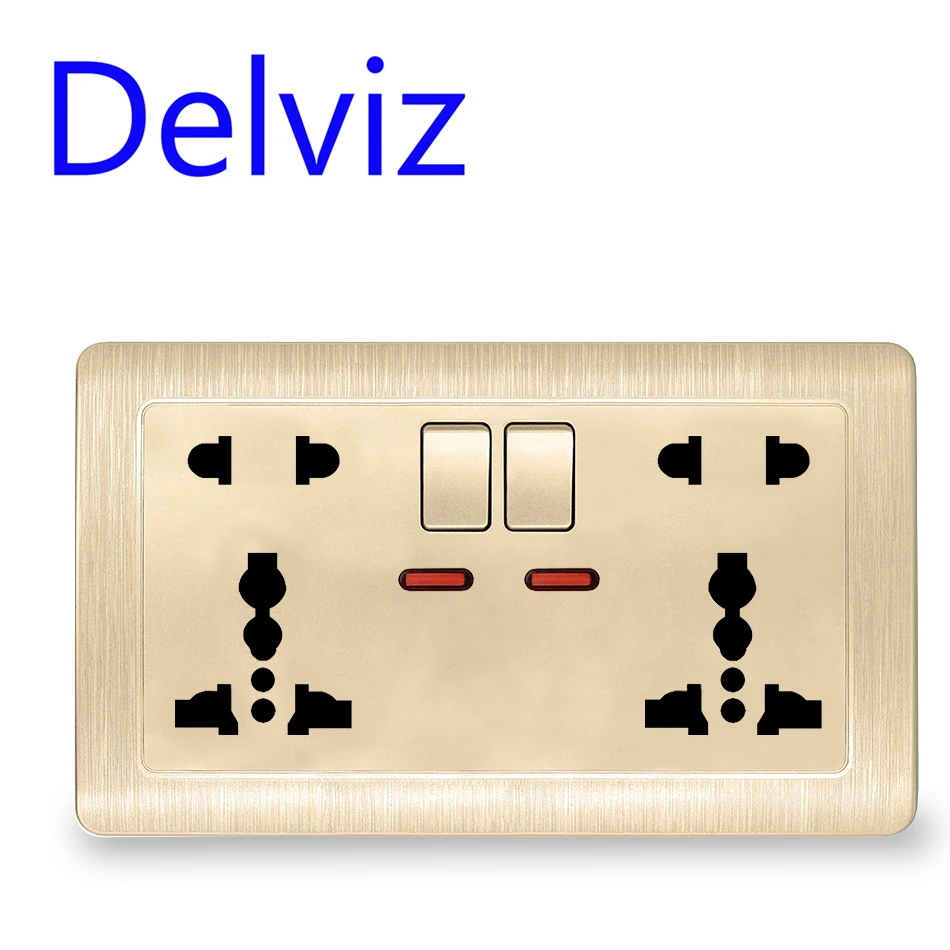 

EU universal double 5 hole socket Family decoration power switch socket rectangle 146 model 13A 110-250v outlet panel Golden