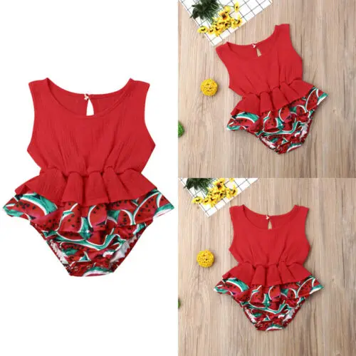 

2019 Newborn Baby Girl Clothes Sleeveless Watermelon Printed Patchwork Summer Fold Romper Toddler Baby Clothes Outfit