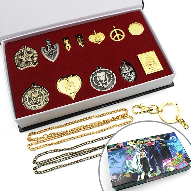 

Anime JOJO JOJO'S BIZARRE ADVENTURE Badges with Box Breastpin Keychain Set Necklace Pendant Toys Cosplay Props Collection Gift