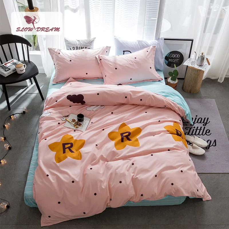 

Slowdream Pink Girl Bedspread Comforter Cover Blue Stripe Bed Sheet Double Size Single Nordic Bed 150 Euro Cartoon Bedding Set