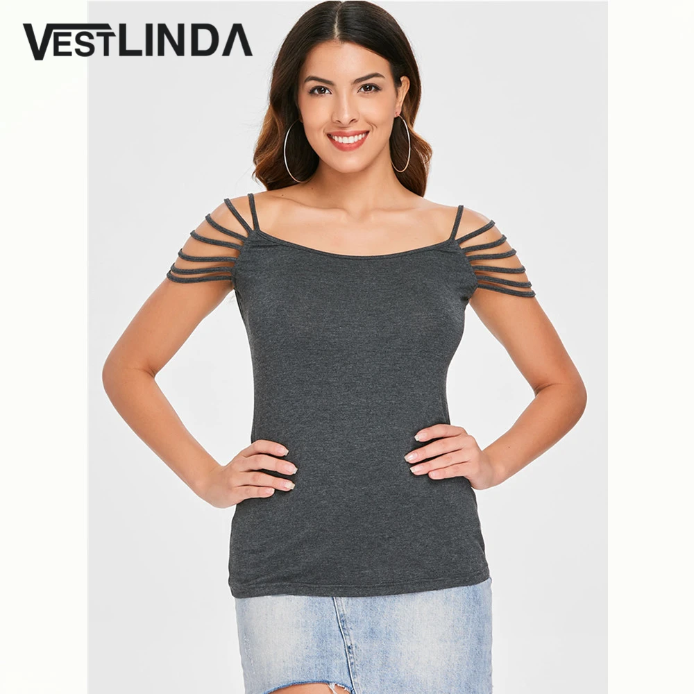 VESTLINDA Cut Out Sleeve Summer T Shirt Casual Short Sleeve Dark Gray