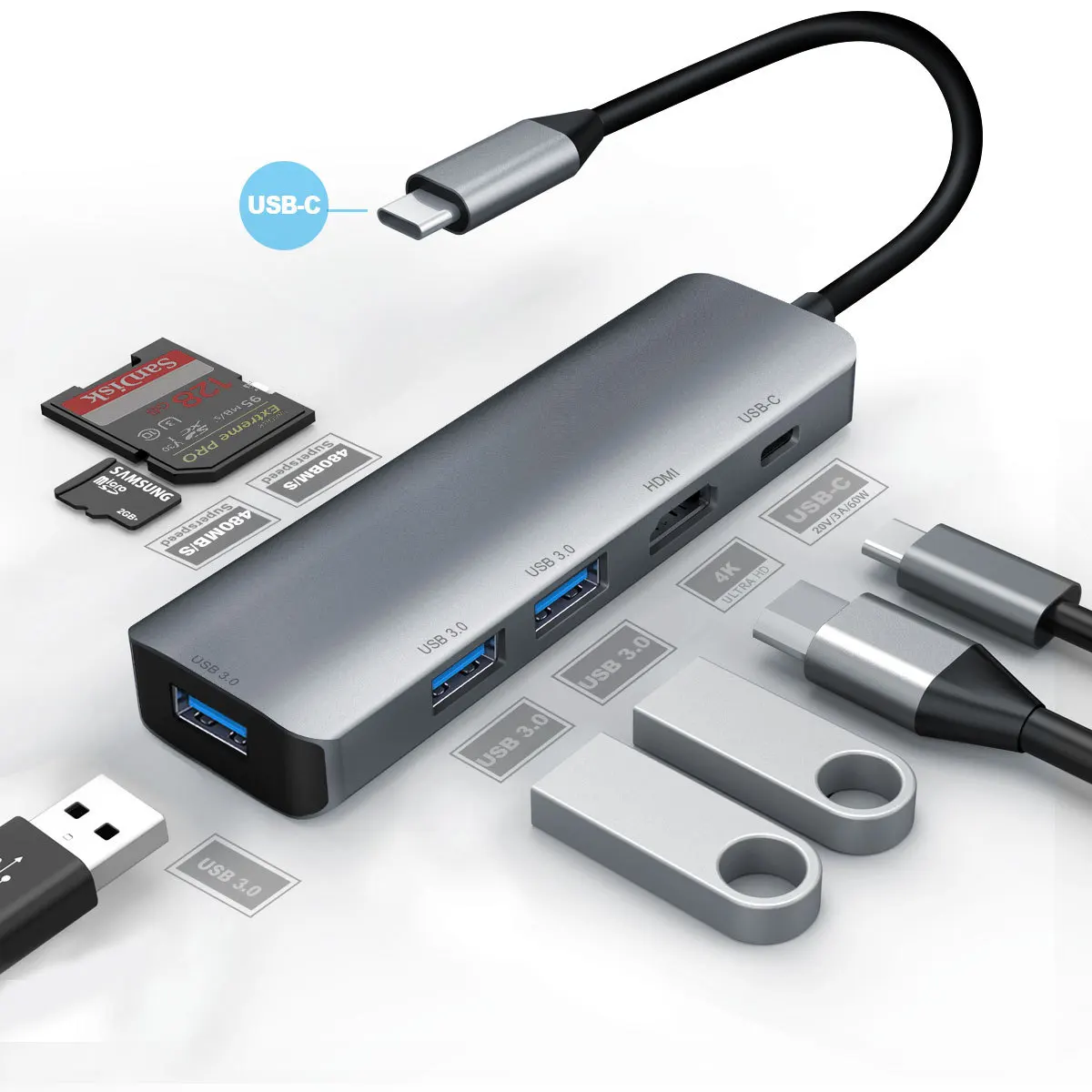 

Type C HUB USB 3.0 Combo Aluminum Multi Port Adapter with 4K HDMI SD/TF Card Reader 5Gbps Data Transfer for MacBook,Laptop