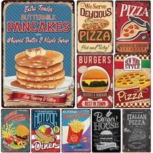 [Cuatro +] panqueques placa de Metal Vintage hamburguesas signo de Metal perro caliente estaño signo Pizza cartel Metal papas fritas francés Vintage Posters