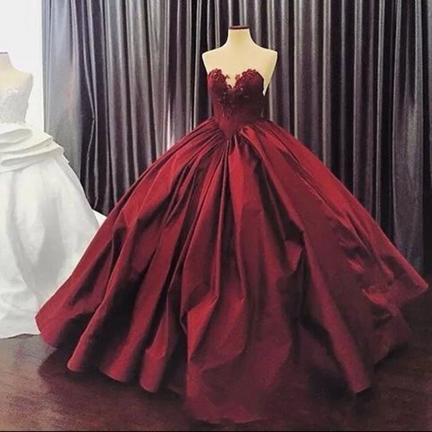 

Bungundy Puffy 2019 Cheap Quinceanera Dresses Ball Gown Sweetheart Satin Appliques Lace Party Sweet 16 Dresses
