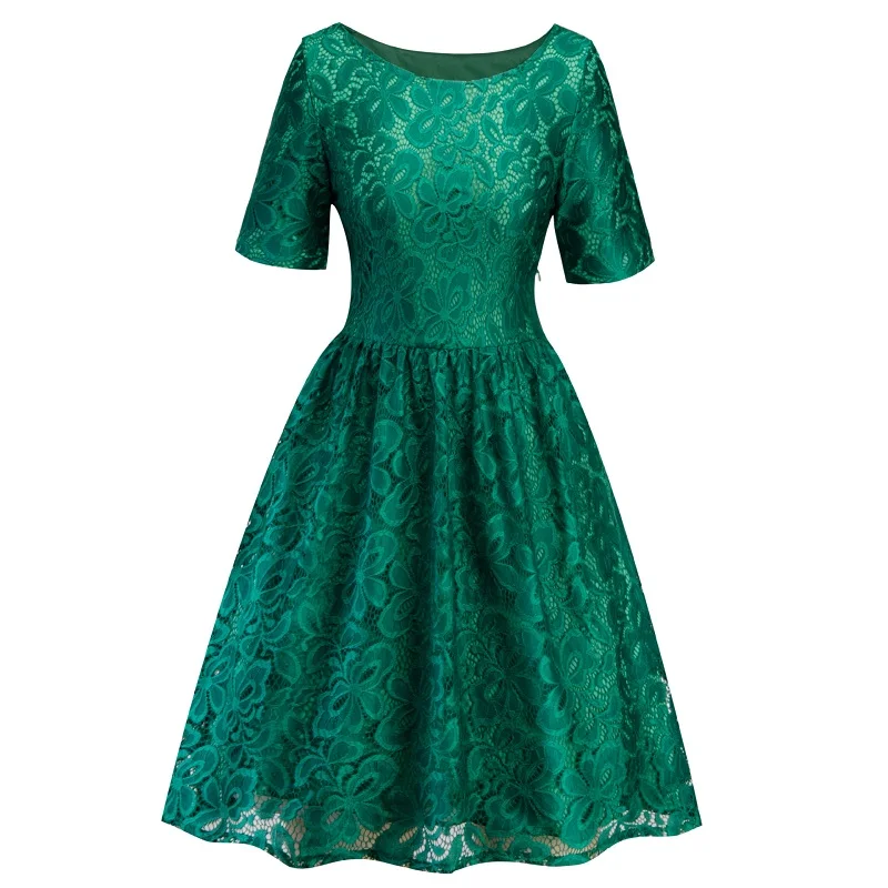 

Green purple lace dress Women rockabilly short sleeve o-neck hook flower swing pin up dress robe ceremonie femme 2019 sukienka