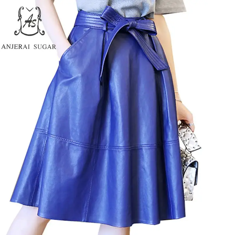 

Spring Genuine leather skirts women black blue sexy High waist Butterfly Belt pocket real sheepskin female long A line skirt