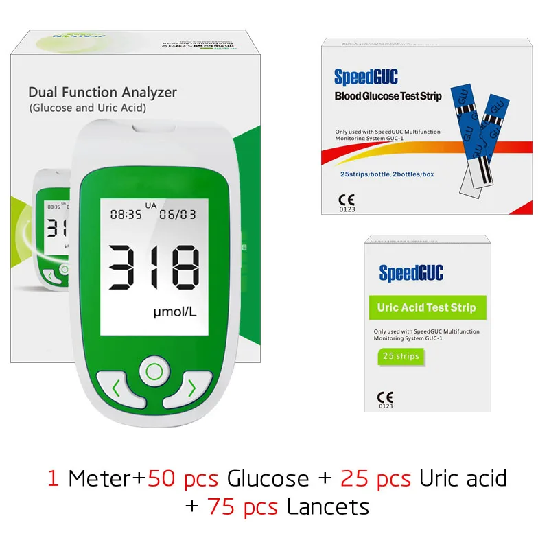 2в1 система мониторинга мочевой кислоты и измеритель уровня глюкозы в крови с тестовыми полосками и ланцетами, набор для измерения диабета, подагра, измеритель кислотности мочевого пузыря - Цвет: 1Meter 25UA 50Glu