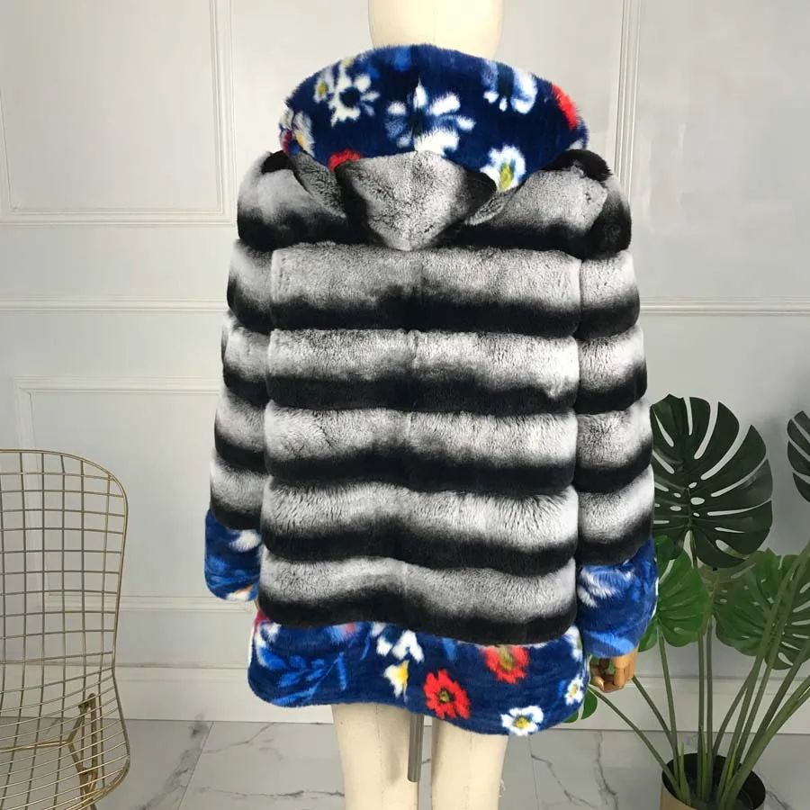 Высокое качество Зима женский натуральный Шиншилла Шуба из кролика Рекс куртка 65 см длинное пальто с капюшоном в полоску с рисунком