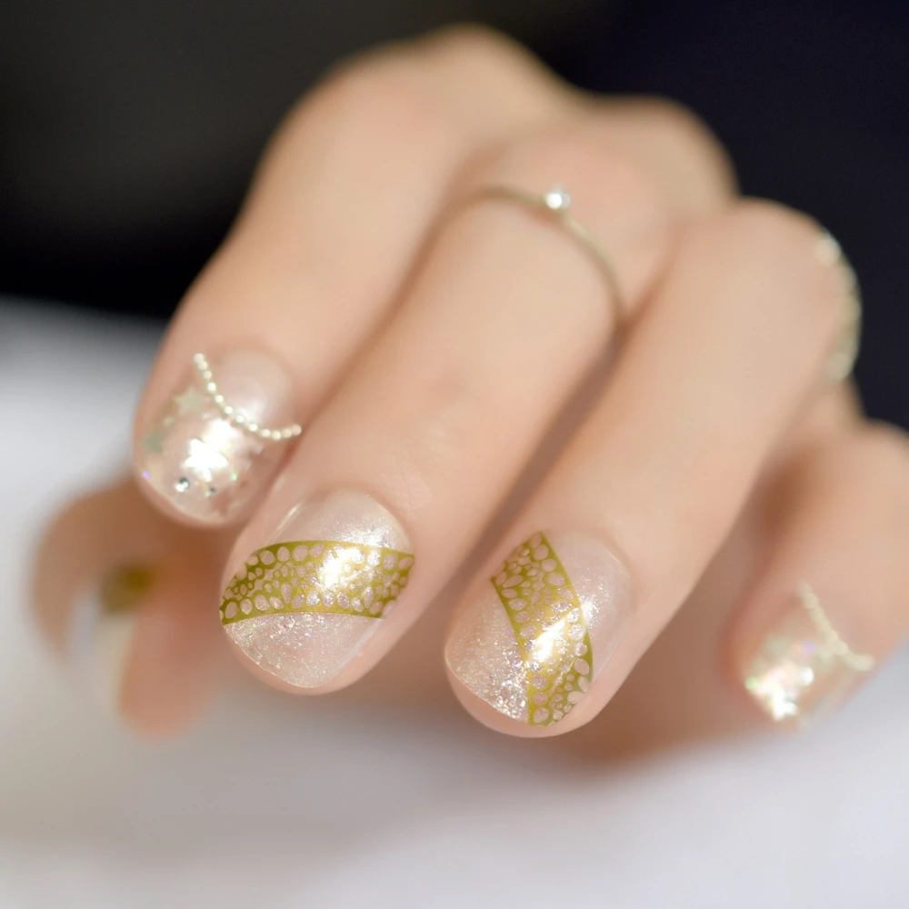 

Small Round Top Clear French False Nails Tip Star Shimmer Colorful Glitter Gold Print Short Salon Fake Decorated Nail Art Tips