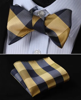 

BC4007YS Yellow Navy Blue Check Bowtie Men Silk Self Bow Tie handkerchief set