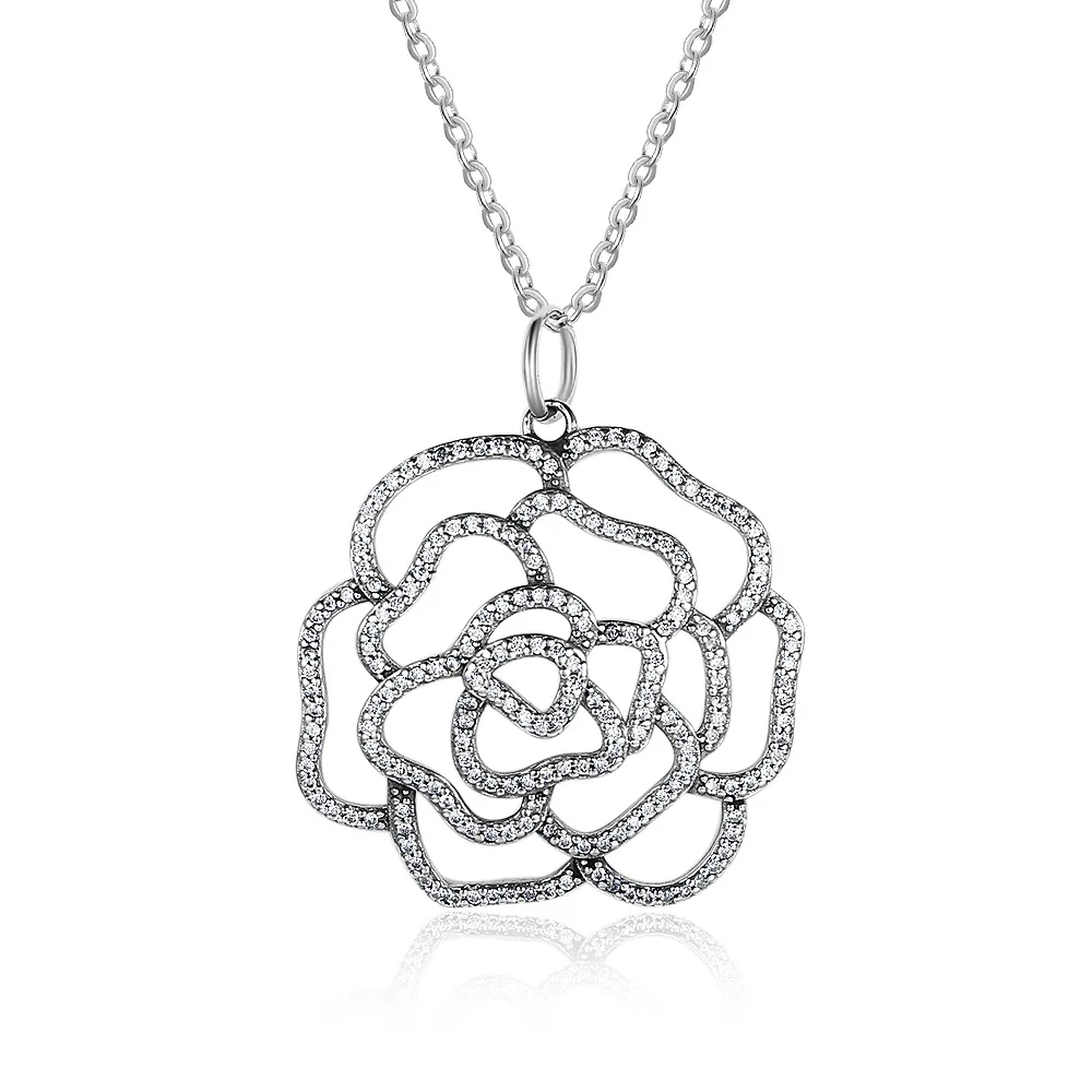 

Original 925 Sterling Silver Shimmering Rose With Clear Cubic Zirconia Pandora Necklaces For Women Wedding Gift Fine Jewelry