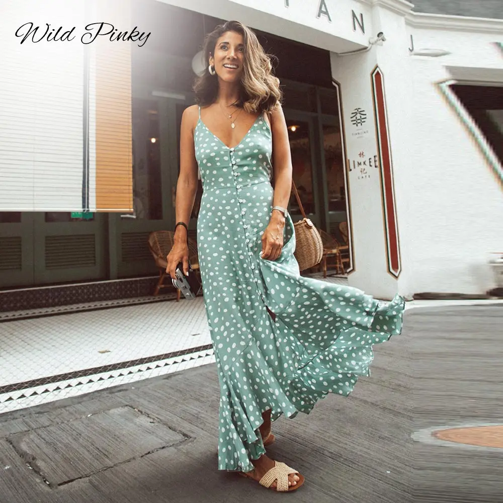 

WildPinky Elegant Polka dot boho women midi summer dress Sexy v-neck strap button A-line dress Female print beach vestidos