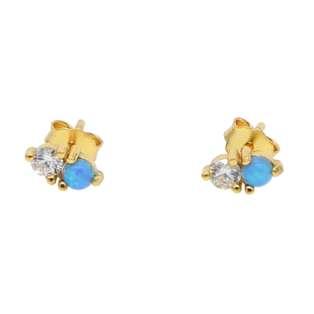 

925 Sterling silver minimal delicate studs double stone white cz blue fire opal 3mm stone earring for girl