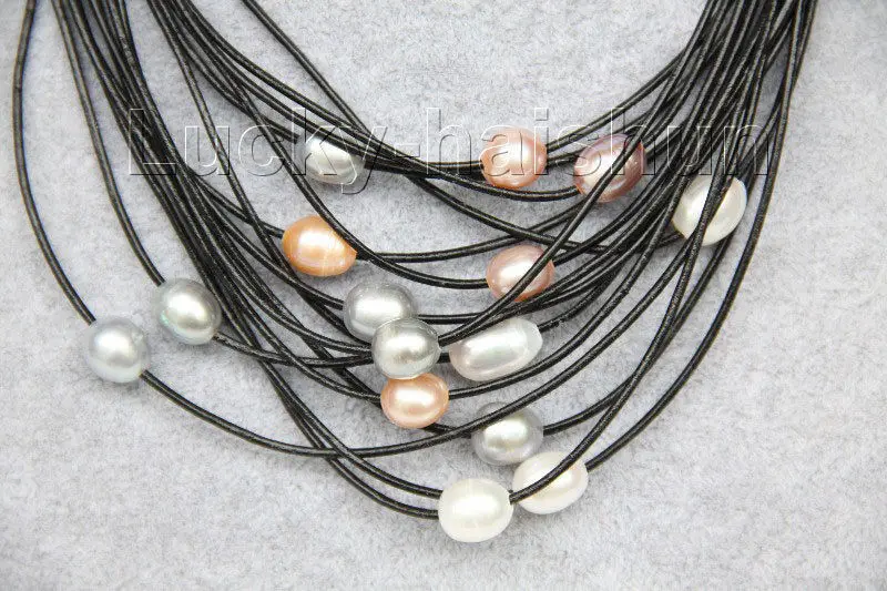 

FREE SHIPPING *****17"-24" 13mm 15row white gray pink purple pearls Black leather necklace