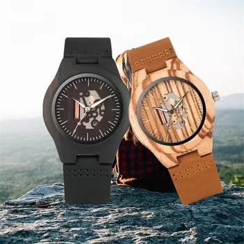 

Women Wood Watch Hollow Dial Wooden Watches Quartz Movement Black/ Brown Ladies Genuine Leather Wristwatch Gifts Lovers Watch