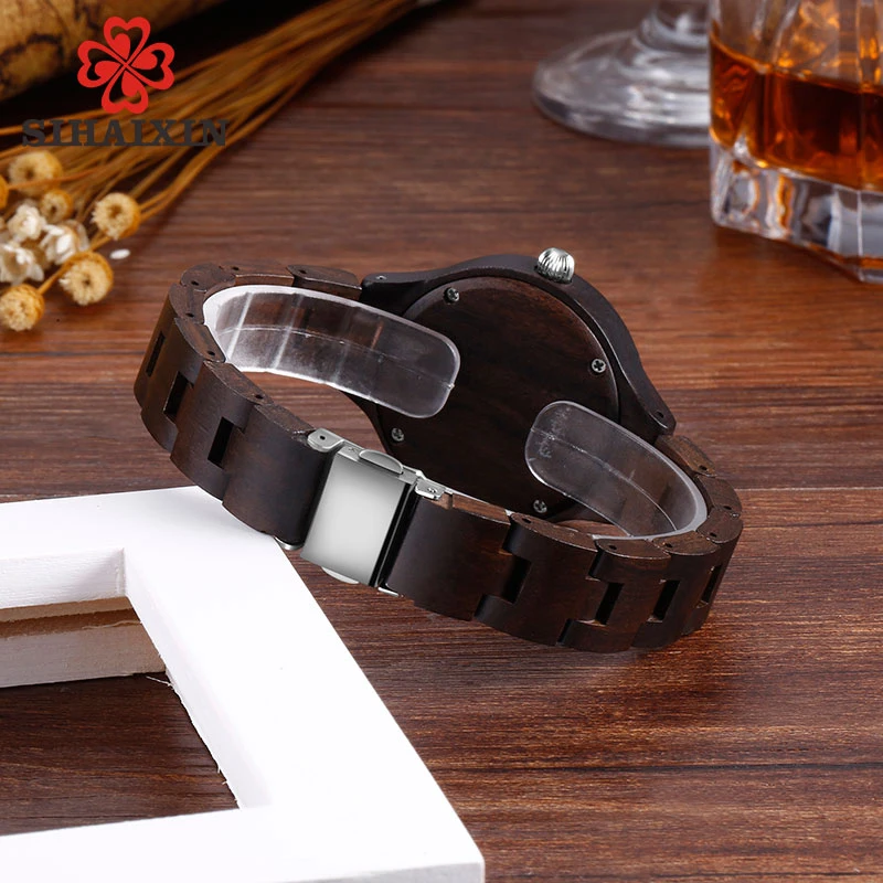 Elegan Minimalist white Blue With Diamond Face black Wood Women Watch 5