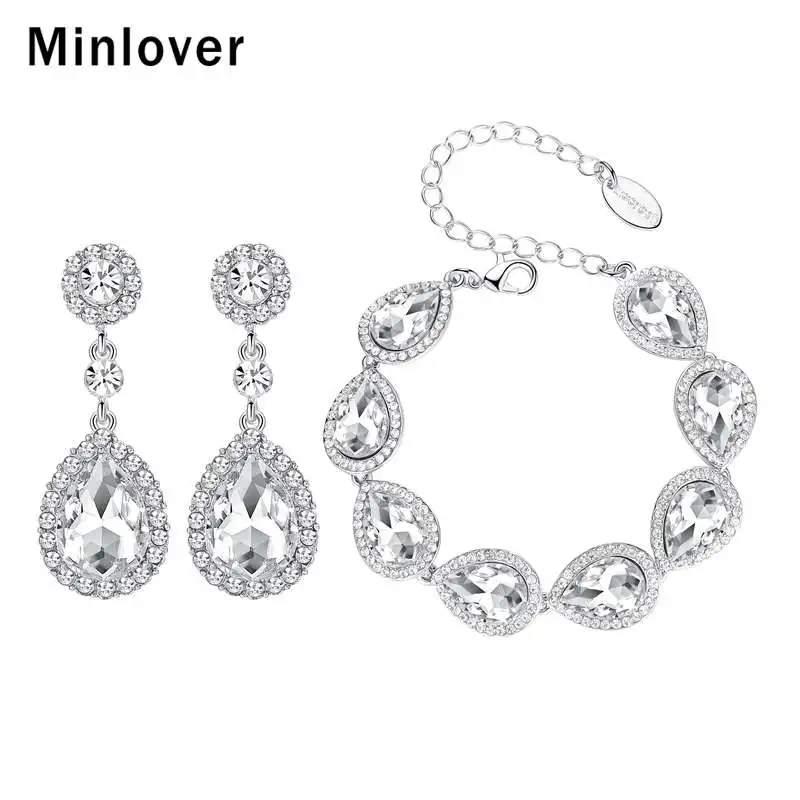

Austrian Crystal Silver Bracelet Earrings for Girl Women Wedding Jewelry Set White K Plated EH070+SL051