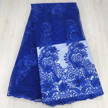 

High Quality Royal Blue Swiss Voile Lace 2018 African Nigeria Lace Fabric With Rhinestones Beads African Lace Fabric For Clothes