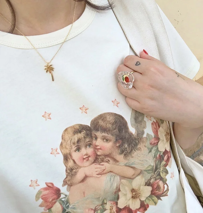 

Kuakuayu-JBH -JBH Women Retro Style Cherubs Kissing T-Shirt Cute Aesthetic White Tee 90s Ulzzang Fashion Top