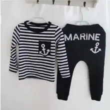 2016 Children Clothes for Boys Set Navy Long Sleeve Pullover Striped Sports Suit T-shirt + Harlan Pants Casual Boys Clothing Set