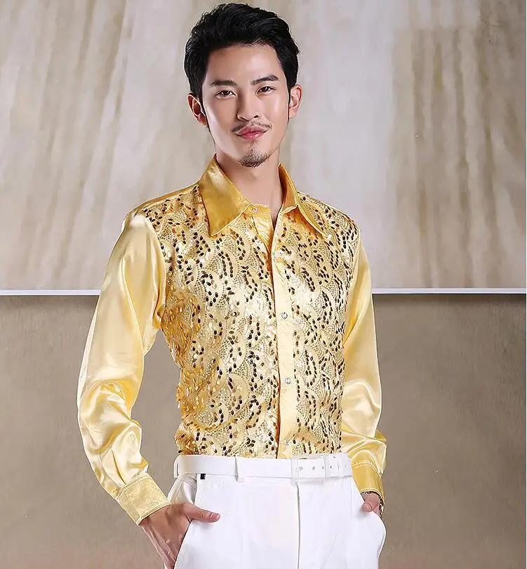 Лидер продаж Мужские Сценические танцевальные футболки с блестками с длинными рукавами шелковые рубашки костюмы певцов шоу 8 цветов рубашки XXL - Цвет: Цвет: желтый