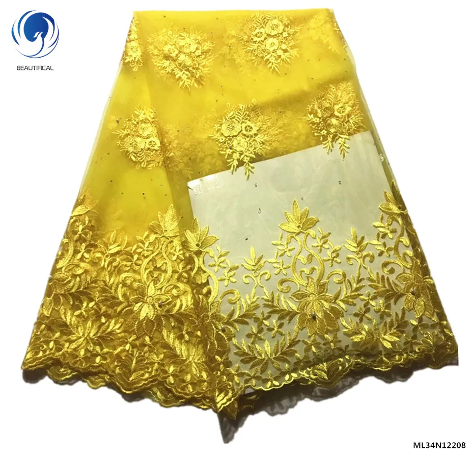 

Beautifical laces fabrics african 2019 net lace fabrics yellow tulle lace with rhinestones for women 5yards/lot ML34N122