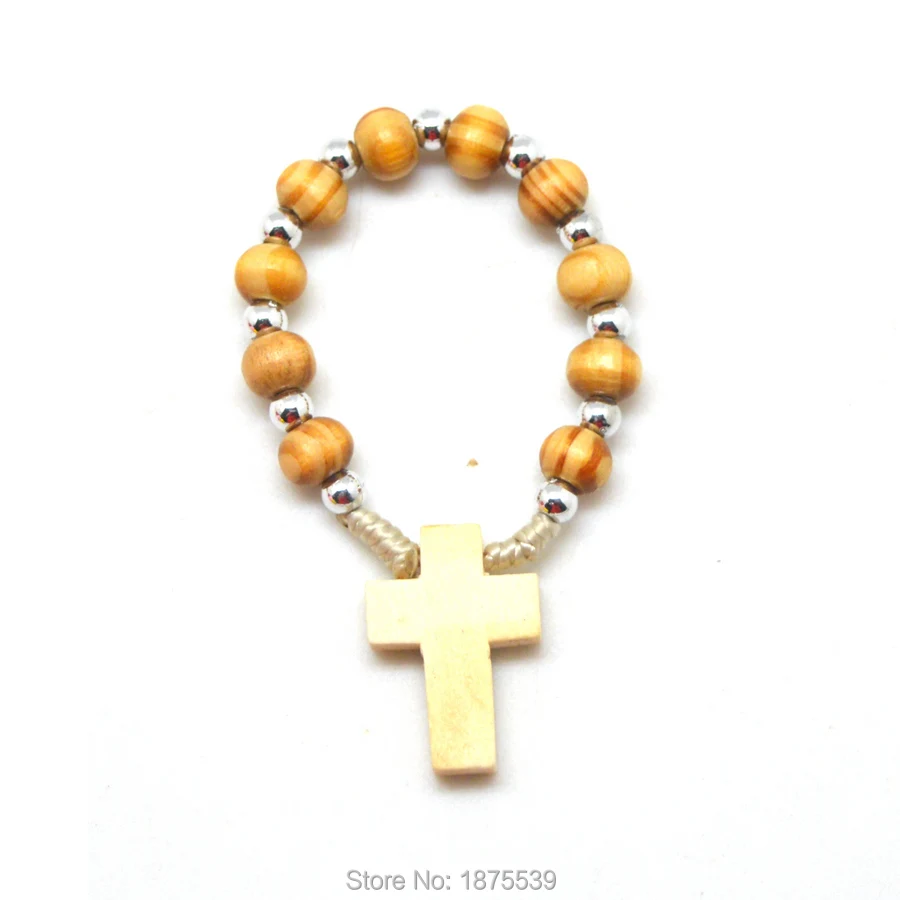 

5*6 mm Wood Beads Cross Cord Finger Rosary Bracelets